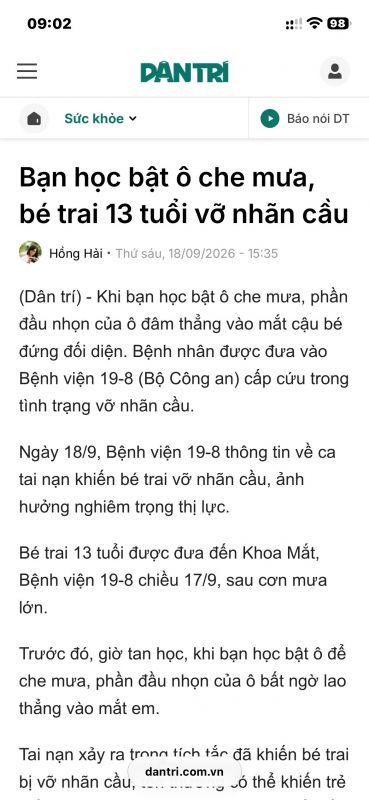 Chiều 17/9, sau cơn mưa lớn, Khoa Mắt – Bệnh viện 19-8 tiếp nhận một bệnh nhi 13 tuổi bị chấn thương mắt rất nặng.