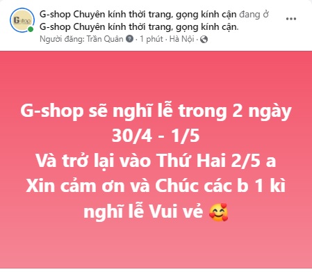 G-shop sẽ nghĩ lễ trong 2 ngày 30/4 - 1/5